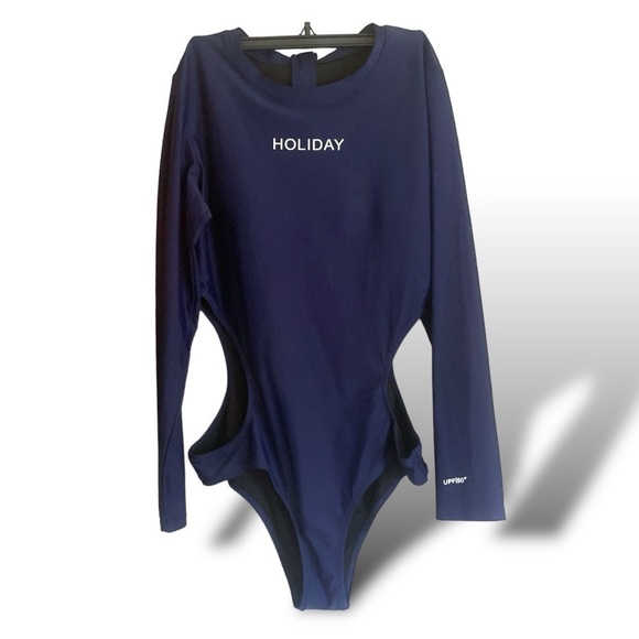 One Piece Cutout Waist Rash-guard Bodysuit Long Sleeve Women’s Large Navy Blue - Picture 8 of 8
